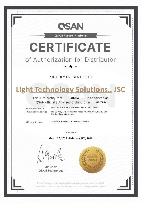 Giấy chứng nhận LightJSC là nhà phân phối chính thức của QSAN tại Việt Nam